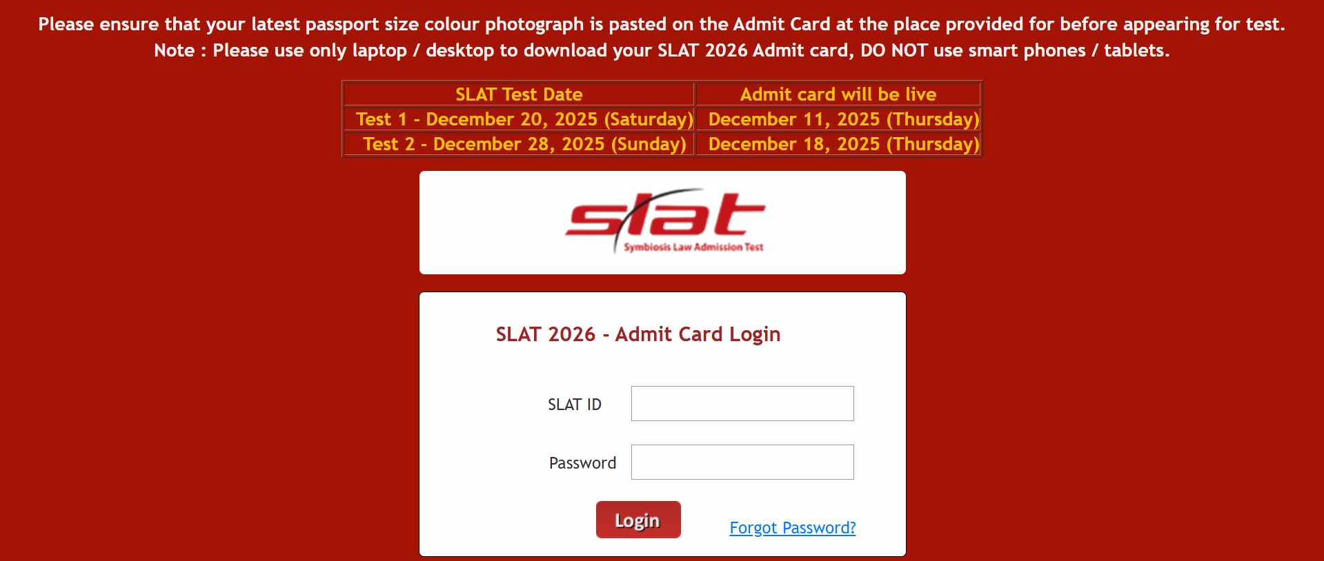SLAT Admit Card 2026 OUT